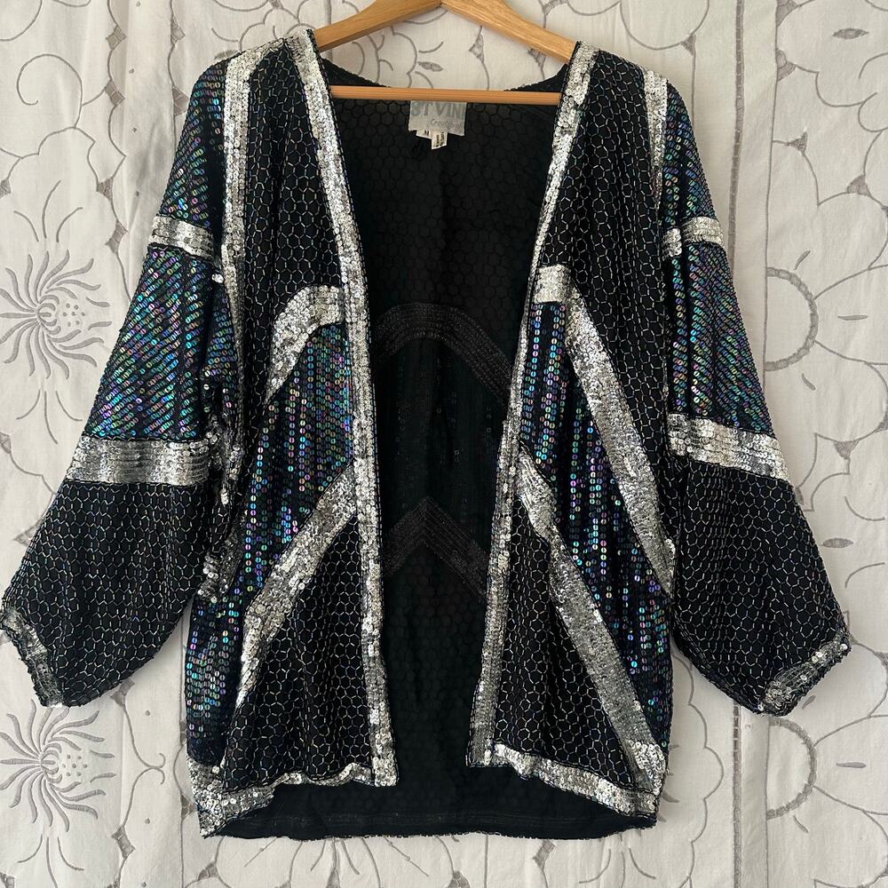 ST VINTAGE Sequin Beaded Open Jacket Silk M disco mermaid 🪩🧜🏼‍♀️